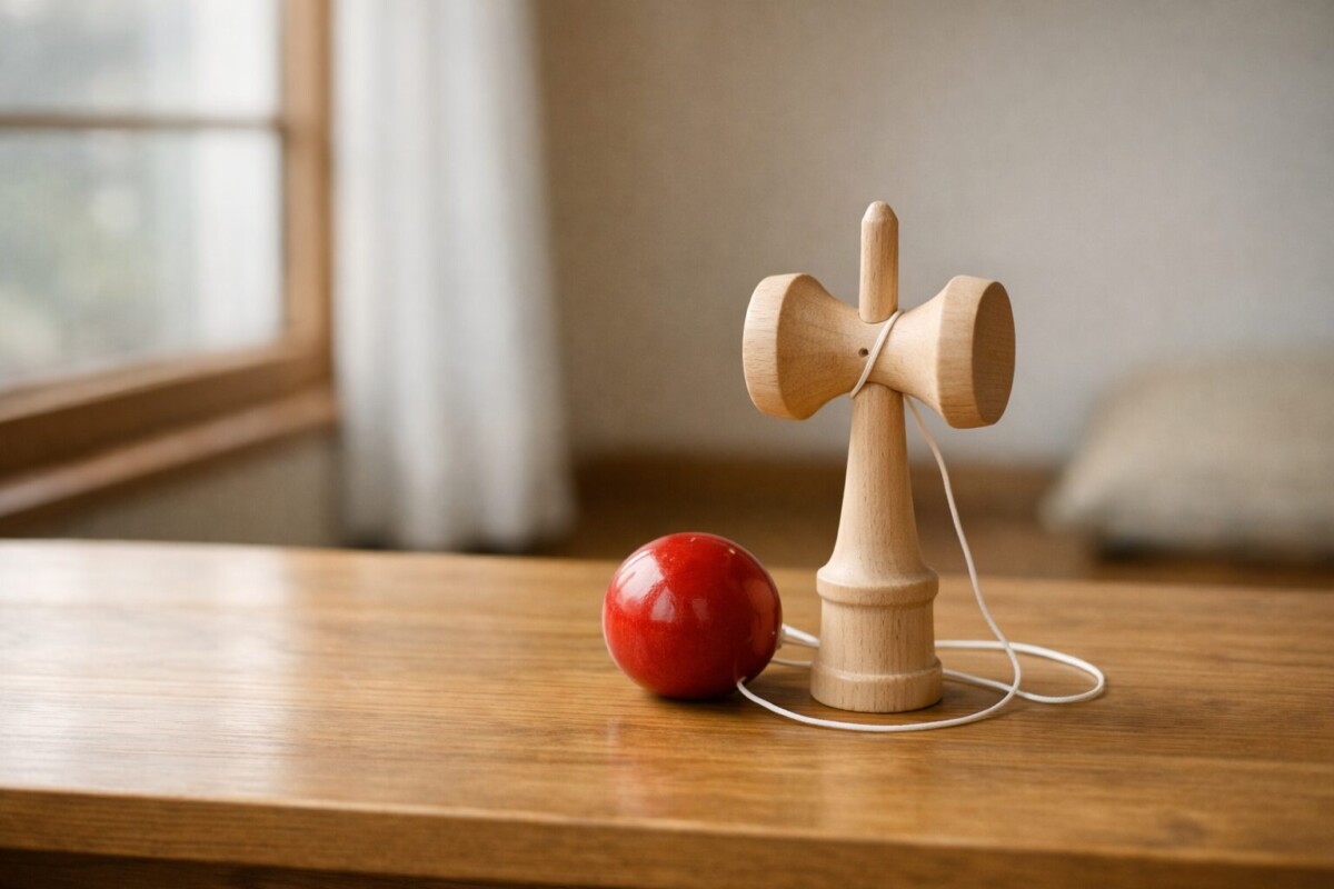 窓辺のテーブルに置かれたけん玉