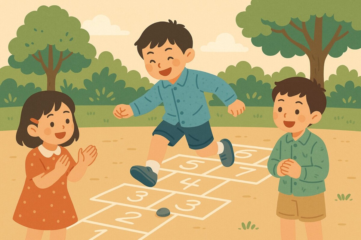 公園で子どもたちが楽しそうに石けりをしている情景のイラスト