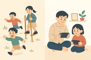 外で遊ぶ子どもと室内でゲームを楽しむ子どもの対比イラスト