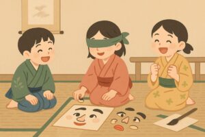 昔の日本の家庭で福笑いを楽しむ情景のイラスト