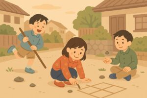 子どもたちが昔ながらの遊びをしているイメージイラスト