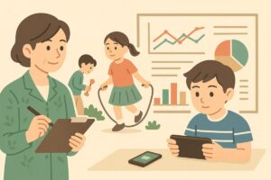 昔の外遊びと今のデジタル遊びを比較する研究風イラスト