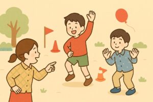 だるまさんがころんだのルールを工夫して遊ぶ子どもたちのイラスト