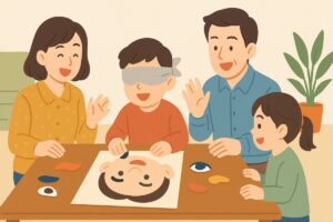 家族が目隠しをして福笑いを遊んでいるシーンのイラスト