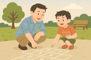 石けりのルールを親が子どもに教えているイラスト