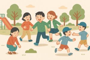 氷鬼・高鬼・ケイドロなど、いろいろなルールで遊ぶ子どもたちの姿