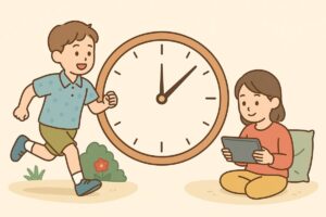 外遊びと室内遊びの時間の違いを表す時計と子どものイラスト
