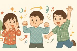 だるまさんがころんだのアレンジルールを楽しむ子どもたちのイラスト