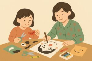 親子が福笑いを手作りしている工作シーンのイラスト