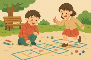 ビー玉やカラフルなチョークを使って石けりを楽しむ子どもたちのイラスト