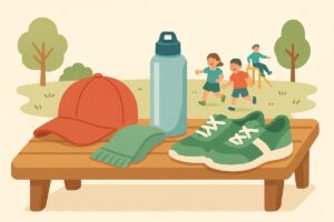 帽子・水筒・靴など鬼ごっこに必要な道具が並ぶ