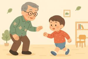 幼児向けにゆっくり遊びを教える大人と子どものイラスト