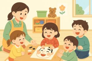 保育園で子どもたちが先生と福笑いを楽しむ様子のイラスト