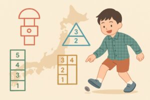 日本各地で異なる石けりの形やルールを表現したイラスト