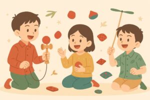 けん玉・お手玉・竹とんぼなど昔の遊びを楽しむ子どものイラスト