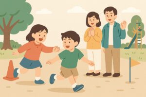 保護者が見守る中で安全に鬼ごっこをする子どもたち