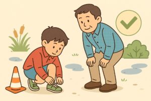 安全にだるまさんがころんだを遊ぶための注意点を示すイラスト