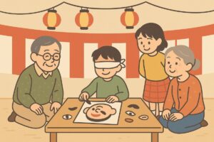 地域イベントで福笑いを楽しむ人々のイラスト