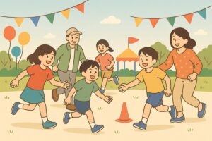 地域イベントで鬼ごっこ大会を楽しむ親子たち地域イベントで鬼ごっこ大会を楽しむ親子たち