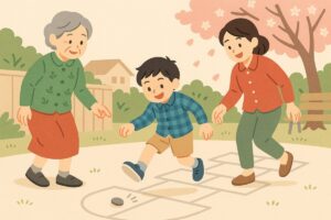 親子が一緒に石けりをして楽しむ光景のイラスト