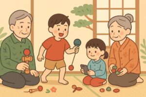 昔遊びを通して祖父母と孫が交流するイラスト