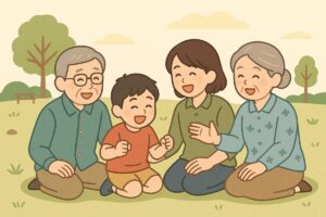 だるまさんがころんだを通して笑顔で過ごす家族のイラスト
