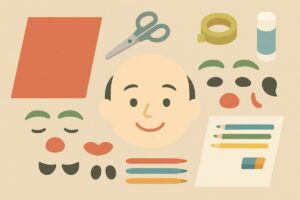 福笑いに使う材料を並べた平面構成のイラスト