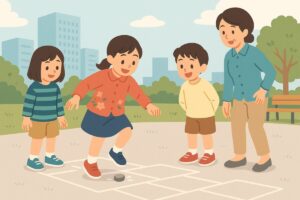 現代の街中で子どもたちと大人が石けりを楽しむ未来的なイメージのイラスト