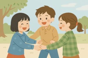 子どもたちが笑顔で手を取り合い、コミュニケーションを楽しむ様子