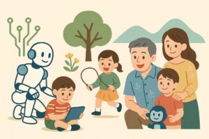 未来の子どもたちがテクノロジーと自然の中で共に遊ぶイラスト