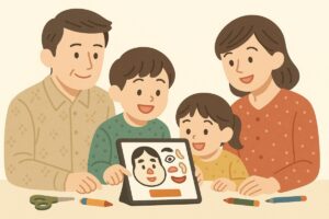 店頭やオンラインで福笑いセットを選ぶ家族のイラスト