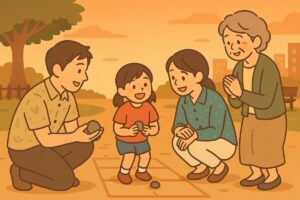 家族が笑顔で石けりを終え、夕暮れの公園で語らうイラスト