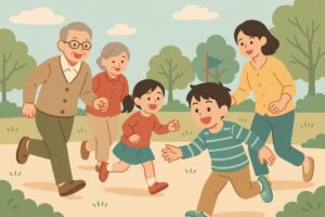 世代を超えて家族が笑顔で鬼ごっこを楽しむ場面