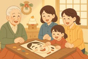 家族が笑顔で福笑いを囲む温かいイラスト