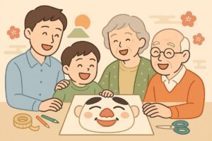 福笑いを通じて笑顔でつながる家族のイラスト