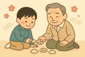 貝合わせで遊ぶ祖父と子どもの柔らかな雰囲気のイラスト
