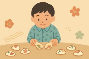 子どもが貝合わせで2枚の貝をそっとめくっている様子を描いた、和風フラットデザインのイラスト