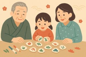 三世代が貝合わせを楽しむ様子を描いた温かいイラスト