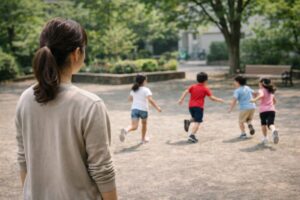 保護者が見守る中で鬼ごっこをする小さな子どもたち