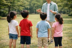 鬼ごっこでルールを確認している子どもたち