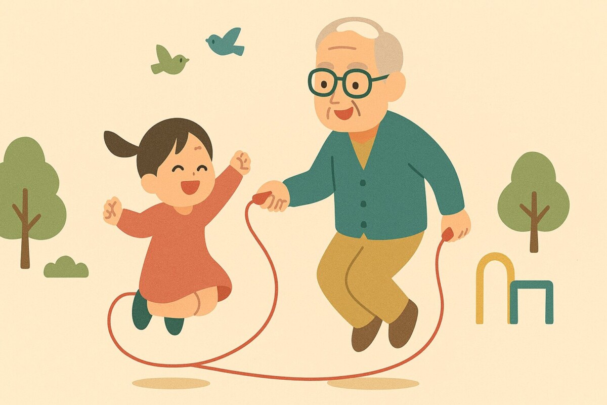 祖父と孫が公園で縄跳びを楽しむ様子を描いた、やさしい和風色のフラットイラスト