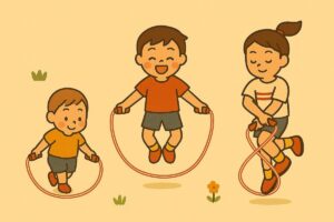 幼児・低学年・中学年以上がそれぞれ違う縄跳び遊びに挑戦するイラスト