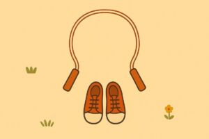 縄跳び・運動ぐつ・安全な場所をやさしく並べたシンプルな準備イラスト