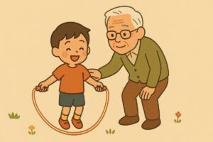 おじいちゃんに見守られながら縄跳びに挑戦する子どもの和風色イラスト