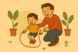 現代の家庭で親子が楽しく縄跳びを取り入れている様子のフラットイラスト