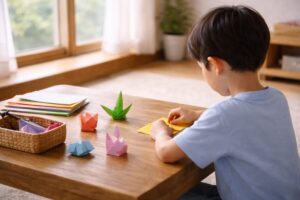 昔遊びに静かに向き合い集中する子どもの落ち着いた様子