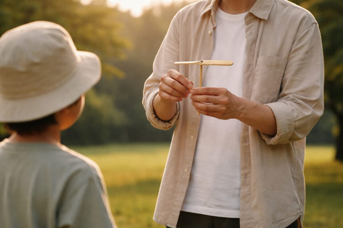 竹とんぼを手にした落ち着いた日常の一場面