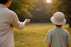 公園で竹とんぼを見守りながら飛ばす場面