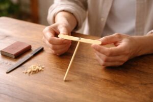 竹とんぼの素朴な形を手元で感じる場面