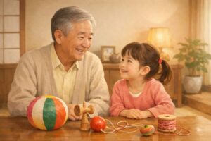 高齢者と孫が昔遊びについて楽しそうに会話している様子